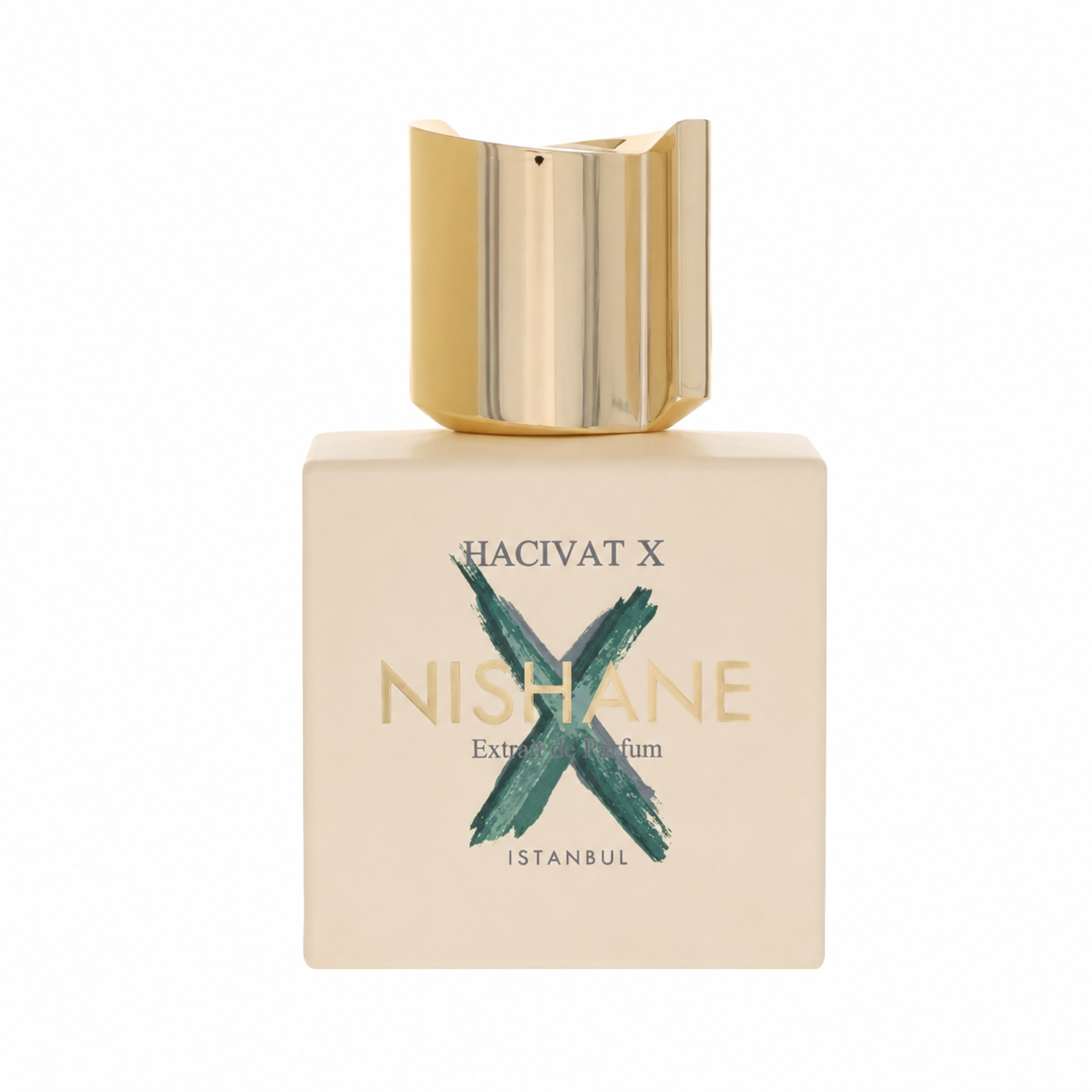 Hacivat X Nishane Extra Fragrum perfume bottle with a gold cap and a beige square bottle body featuring a green brush-stroke 'X' logo. 100ml