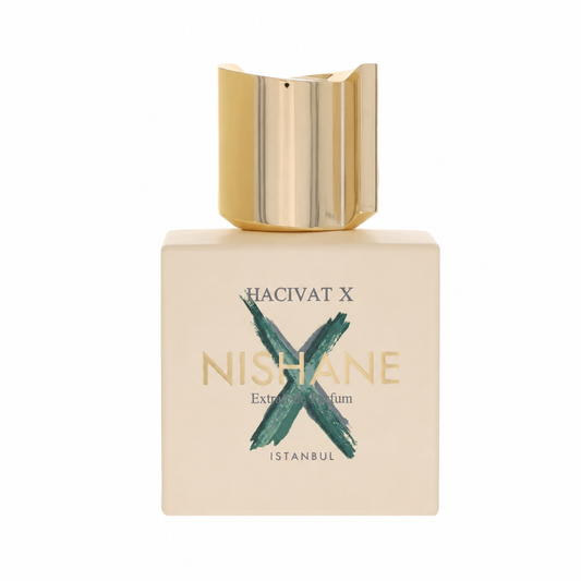 Hacivat X Nishane Extra Fragrum perfume bottle with a gold cap and a beige square bottle body featuring a green brush-stroke 'X' logo. 100ml