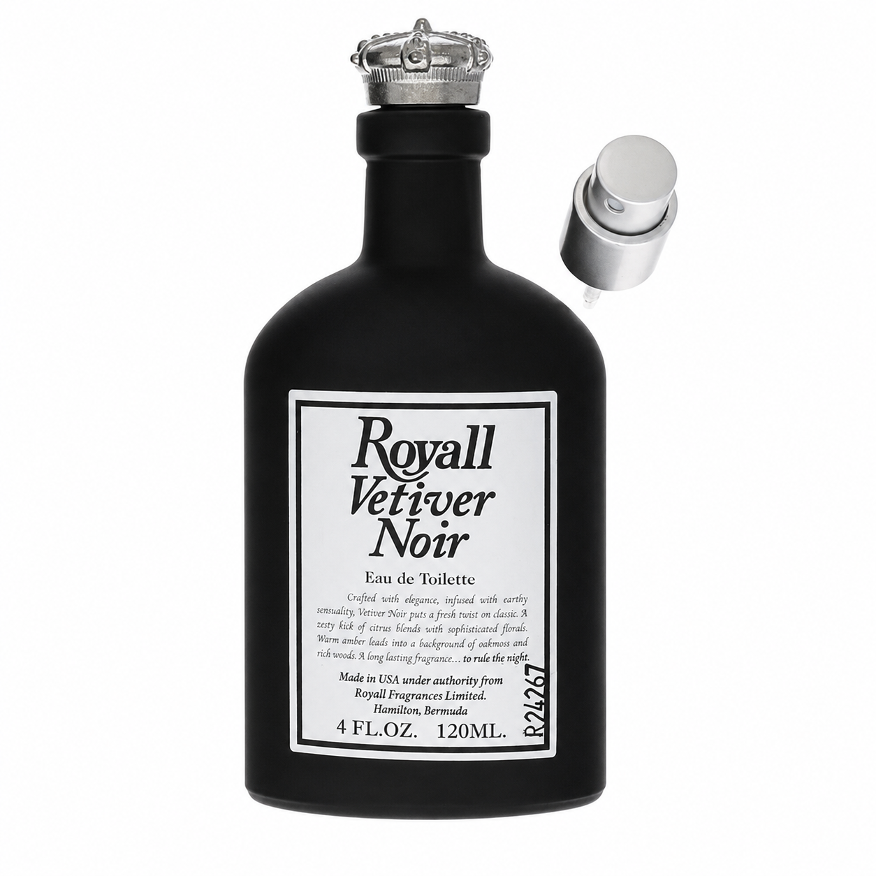 A black Royall Vetiver Noir Eau de Toilette perfume bottle with a white label and silver cap, shown alongside its detached silver atomizer spray nozzle on a plain white background. 120ml