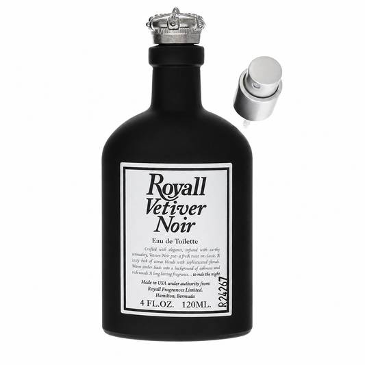 A black Royall Vetiver Noir Eau de Toilette perfume bottle with a white label and silver cap, shown alongside its detached silver atomizer spray nozzle on a plain white background. 120ml