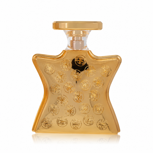Gold perfume bottle and packaging with intricate design on a white background 100ml