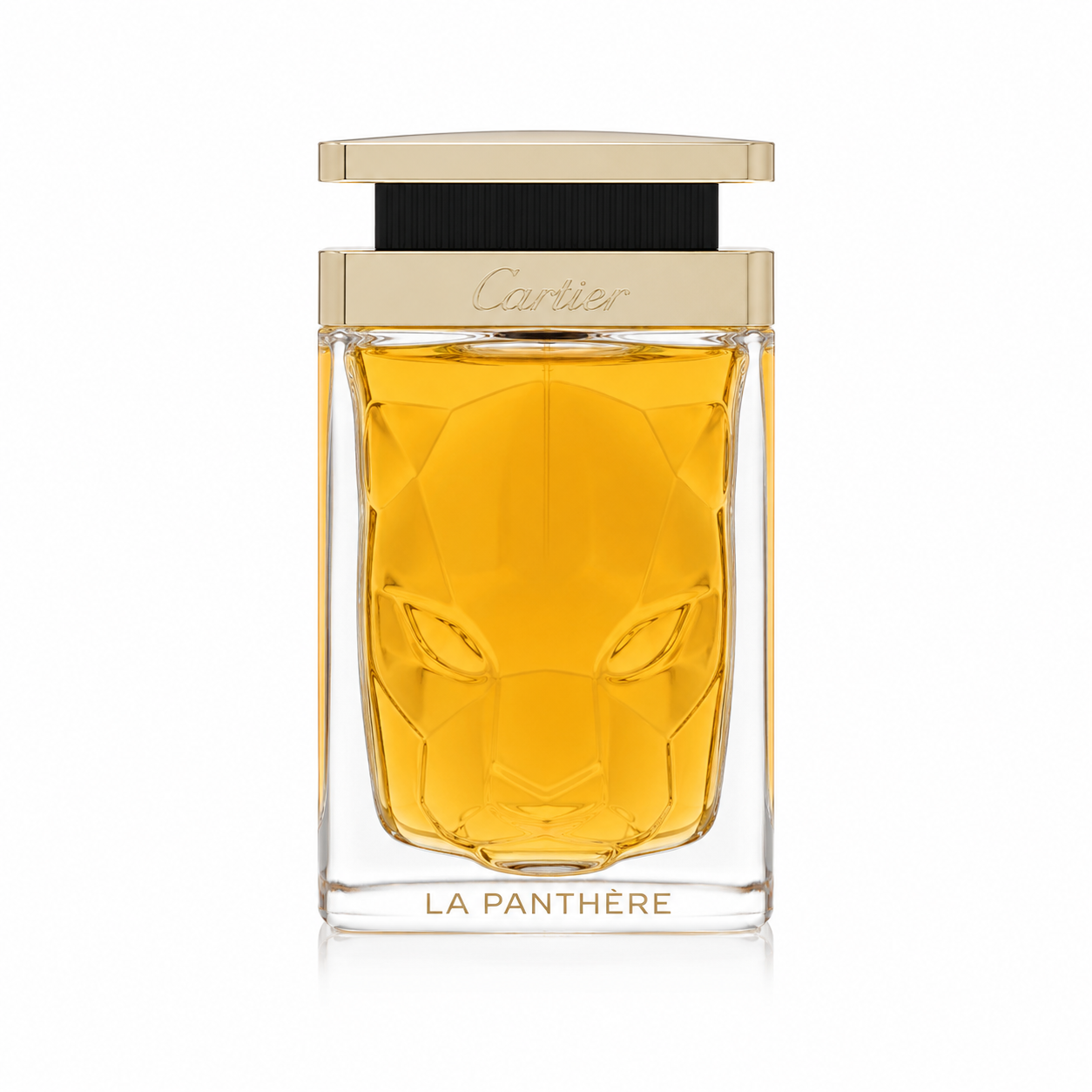 Cartier La Panthère parfum bottle with a faceted clear glass body showing golden-yellow liquid, a gold-toned cap, and a black neck band on a white background. 100ml