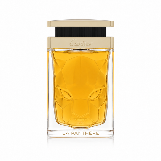 Cartier La Panthère parfum bottle with a faceted clear glass body showing golden-yellow liquid, a gold-toned cap, and a black neck band on a white background. 100ml