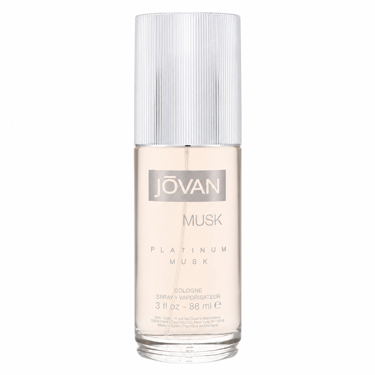 Jovan Musk Platinum Musk Cologne Spray in a 3 fl oz glass bottle with a ribbed silver cap, on a white background.