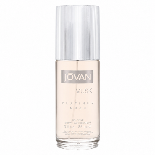 Jovan Musk Platinum Musk Cologne Spray in a 3 fl oz glass bottle with a ribbed silver cap, on a white background.