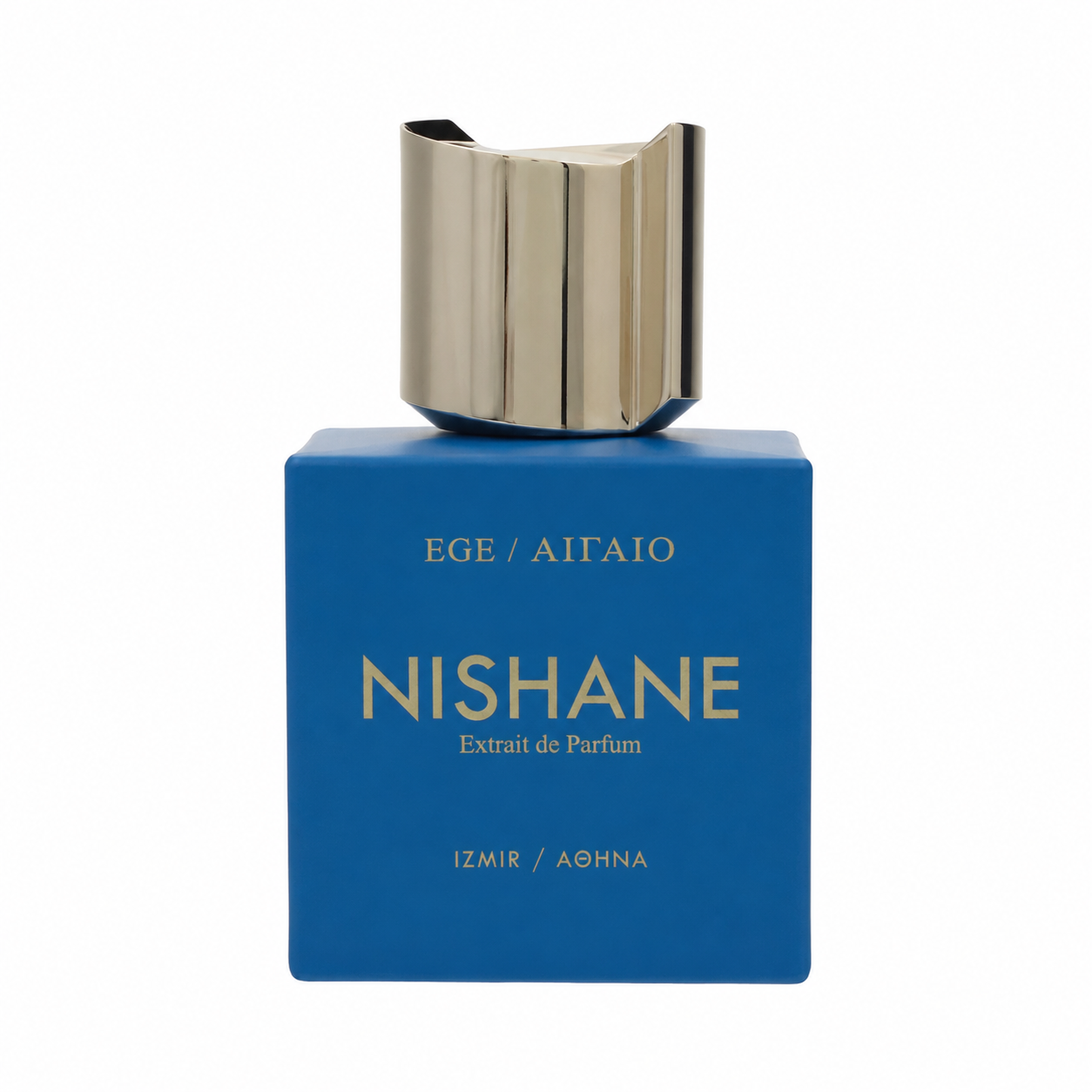 Nishane Extrait de Parfum by Ege / Aifaio, featuring a matte blue rectangular box with a metallic gold cap, set against a plain white background. 100ml