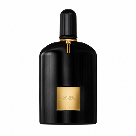 Tom Ford Black Orchid – luxurious dark floral and truffle perfume in sleek black ribbed bottle with gold label. 100ml