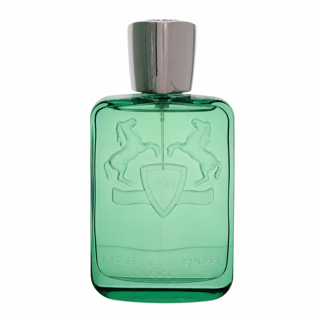 Greenly perfume bottle with a metallic silver cap, featuring an embossed crest of two horses and the brand name 'Parfums de Marly' on the front, set against a plain white background. 125ml