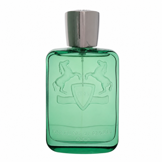Greenly perfume bottle with a metallic silver cap, featuring an embossed crest of two horses and the brand name 'Parfums de Marly' on the front, set against a plain white background. 125ml
