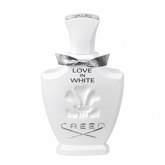 Creed Love in White perfume bottle, featuring a white ceramic-like body with a silver metallic bow at the neck, and silver embossed branding on a clean white background. 75ml
