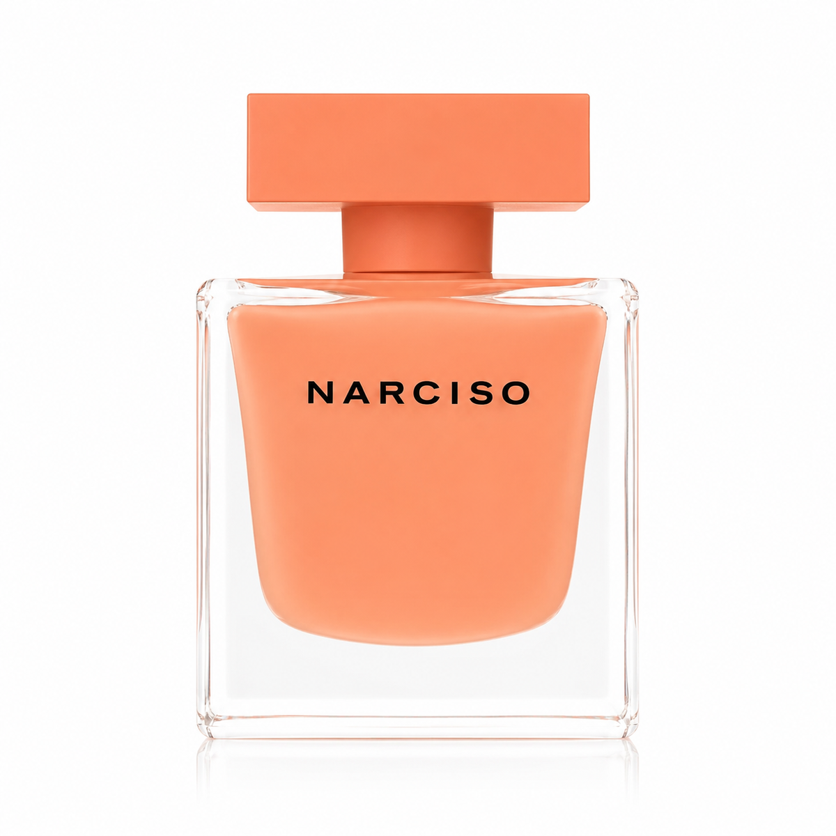 Narciso perfume bottle with a matte peach-orange color, featuring a clear glass body and a matching rectangular cap, on a white background. 90ml