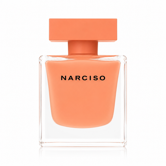 Narciso perfume bottle with a matte peach-orange color, featuring a clear glass body and a matching rectangular cap, on a white background. 90ml