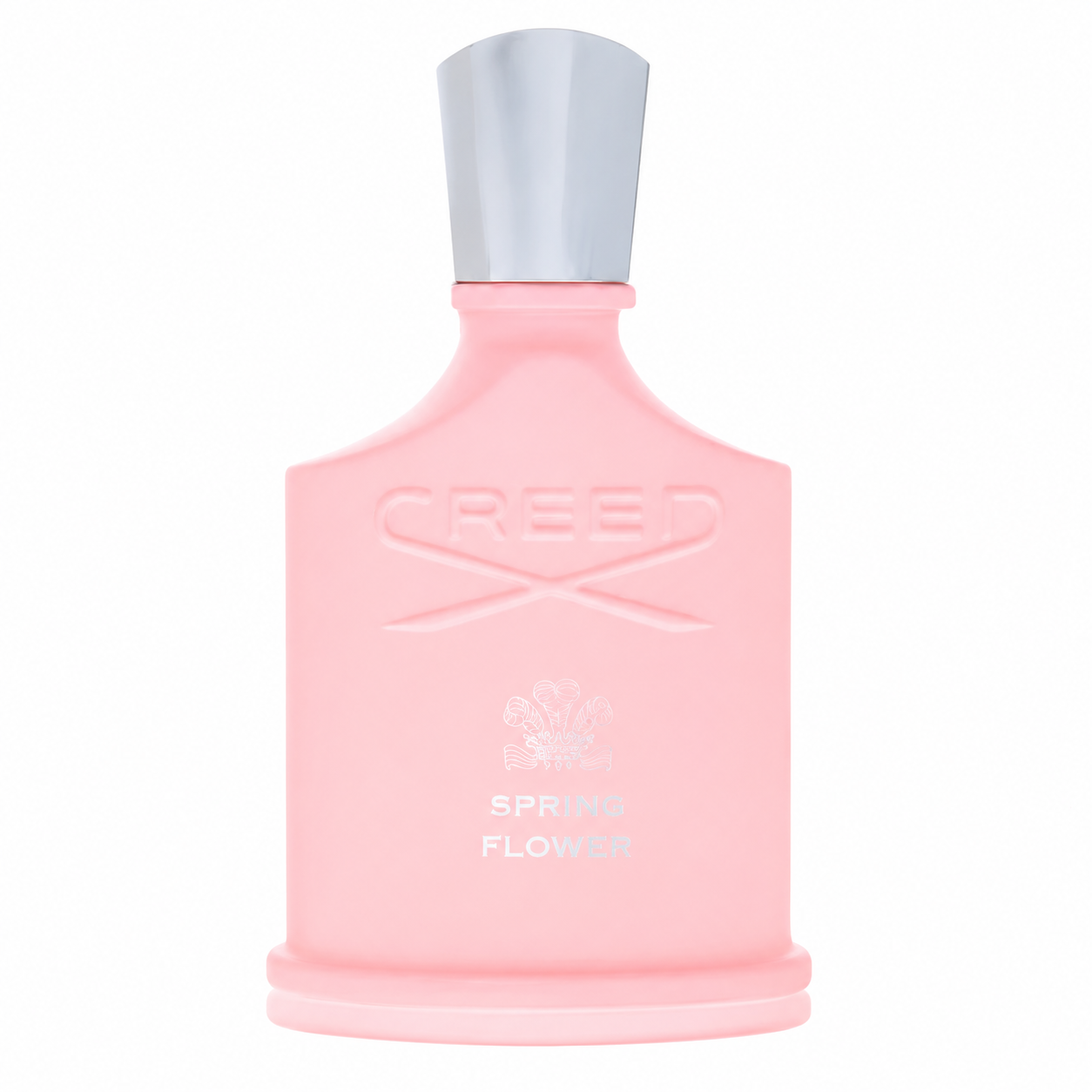 A pink Creed Spring Flower perfume bottle with a silver cap, centered on a plain white background. 75ml