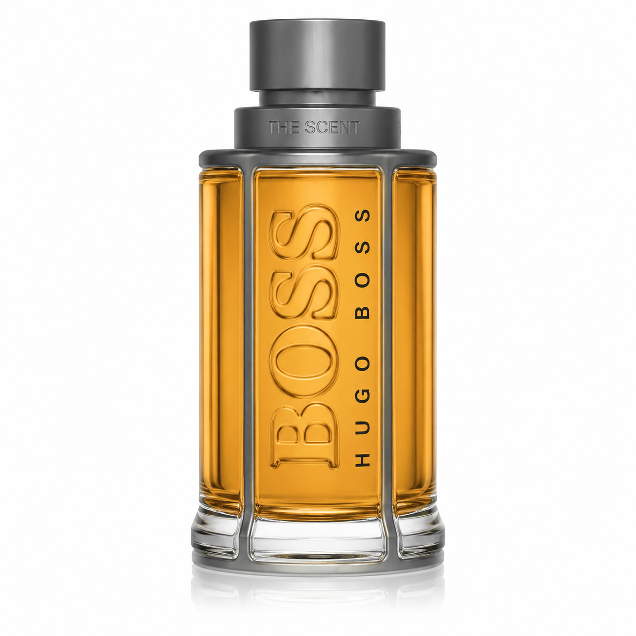 Hugo Boss The Scent – seductive spicy leather fragrance in amber glass bottle with metallic accents. 100ml