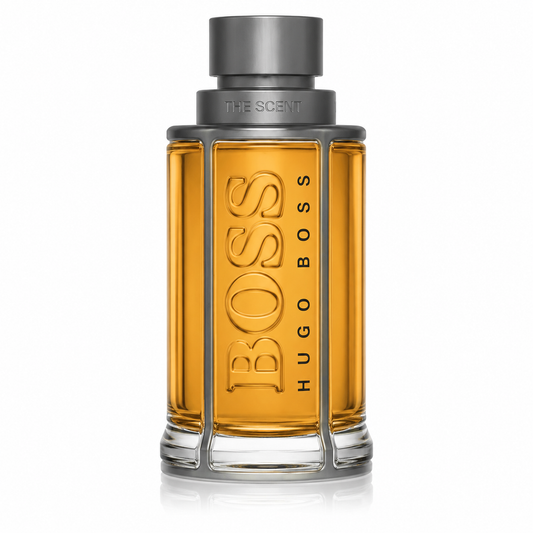 Hugo Boss The Scent – seductive spicy leather fragrance in amber glass bottle with metallic accents. 100ml