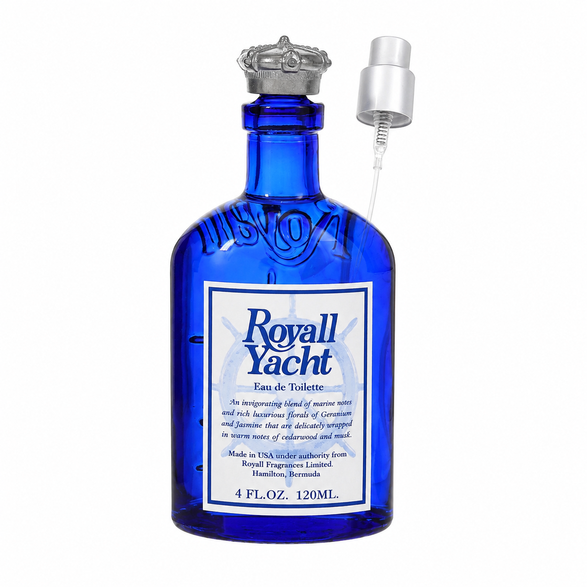 A cobalt blue glass perfume bottle labeled 'Royall Yacht' with a silver cap and a separate silver-and-white atomizer spray nozzle shown beside it, on a plain white background. 120ml