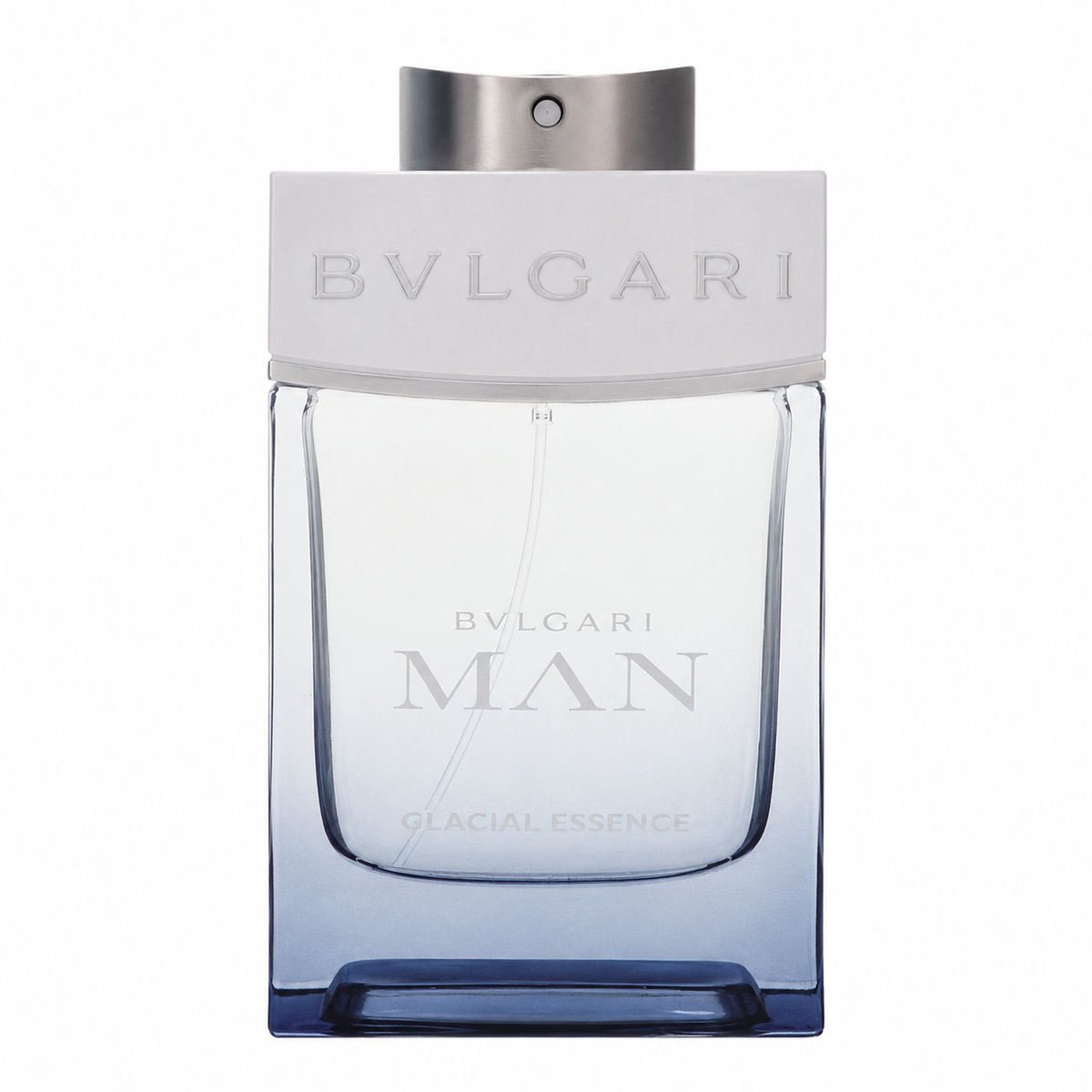 Bvlgari Man Glacial Essence cologne bottle, featuring a clear glass body with a blue gradient at the base, a silver metallic cap, and a white textured label with embossed Bvlgari branding. 100ml