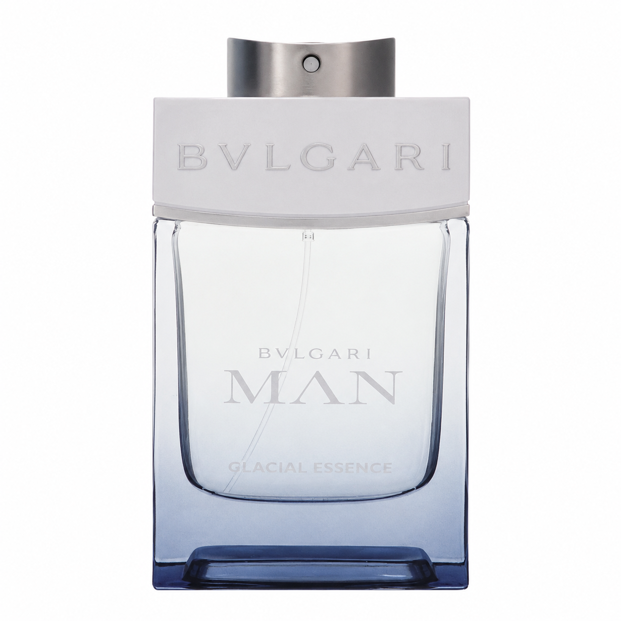 Bvlgari Man Glacial Essence cologne bottle, featuring a clear glass body with a blue gradient at the base, a silver metallic cap, and a white textured label with embossed Bvlgari branding. 100ml