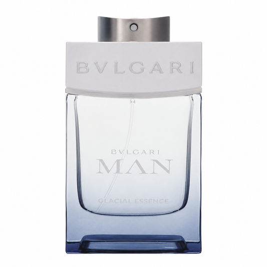 Bvlgari Man Glacial Essence cologne bottle, featuring a clear glass body with a blue gradient at the base, a silver metallic cap, and a white textured label with embossed Bvlgari branding. 100ml