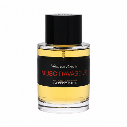rédéric Malle Musc Ravageur – warm sensual amber musk perfume in minimalist clear bottle with red label. 100ml