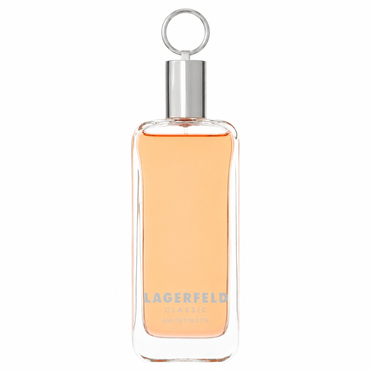 Lagerfeld Classic Eau de Toilette perfume bottle with a silver cap and ring, filled with peach-colored liquid, on a white background. 100ml
