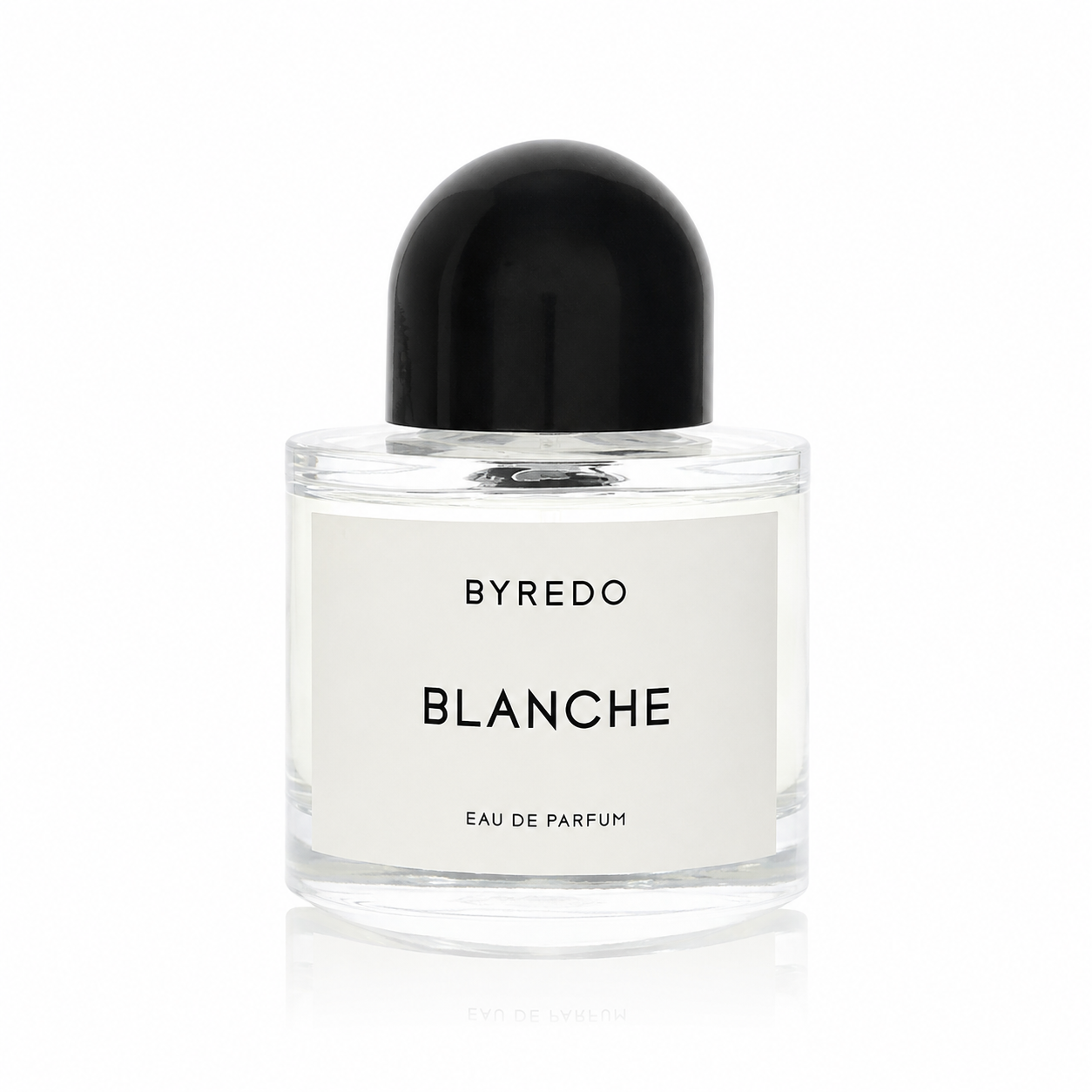 A bottle of Byredo Blanche Eau de Parfum with a clear glass body, white label, and a black dome-shaped cap, centered on a white background.