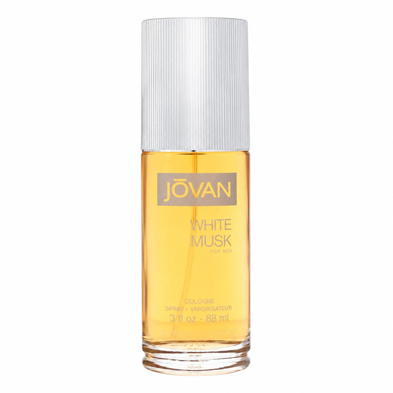 Jovan White Musk cologne spray in a clear glass bottle with amber liquid, a silver ribbed cap, and a gold label, shown on a white background. 88ml