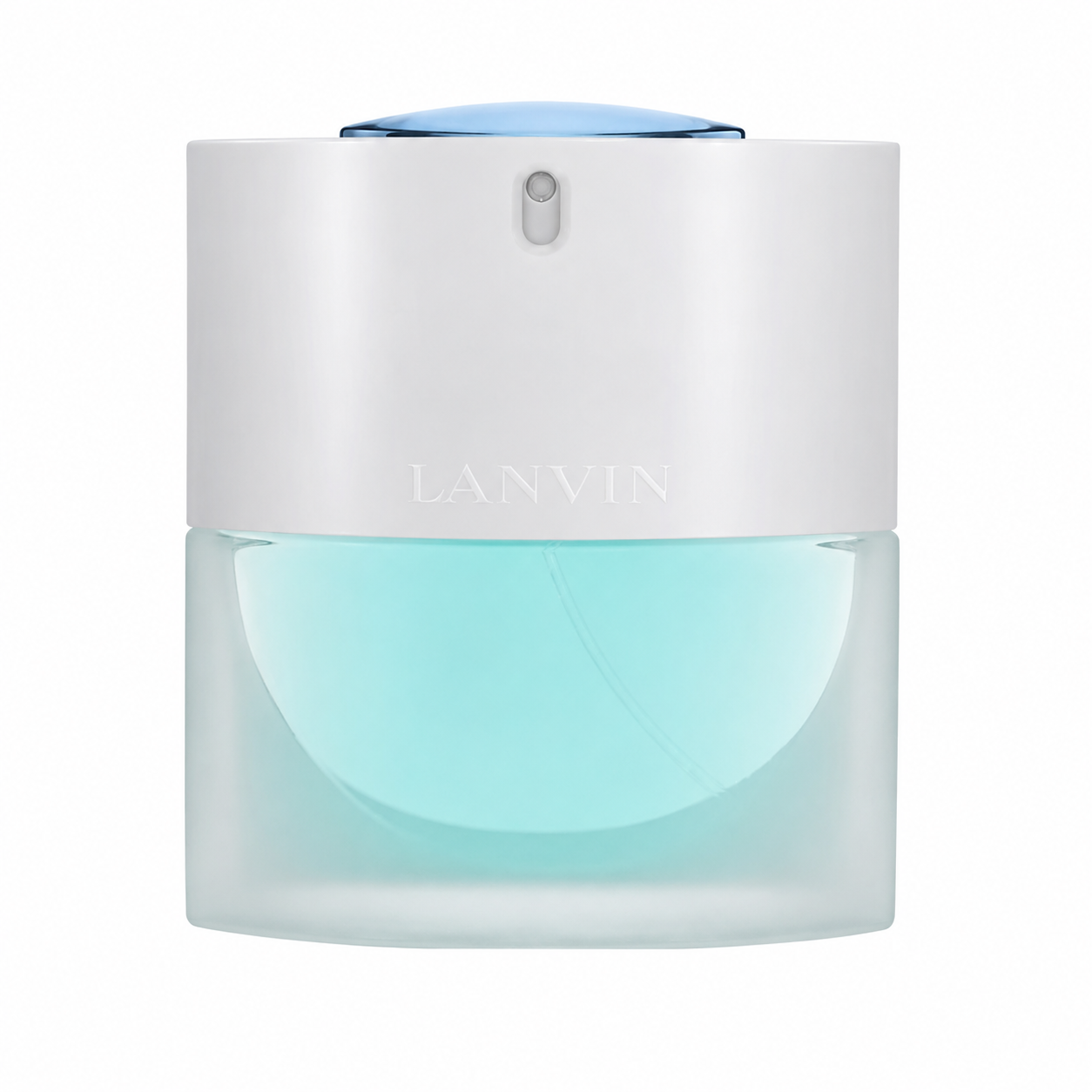 LANVIN Eau de Toilette bottle with a white upper cap, light blue spray mechanism, and a frosted glass base filled with light aqua liquid, shown on a white background. 50ml