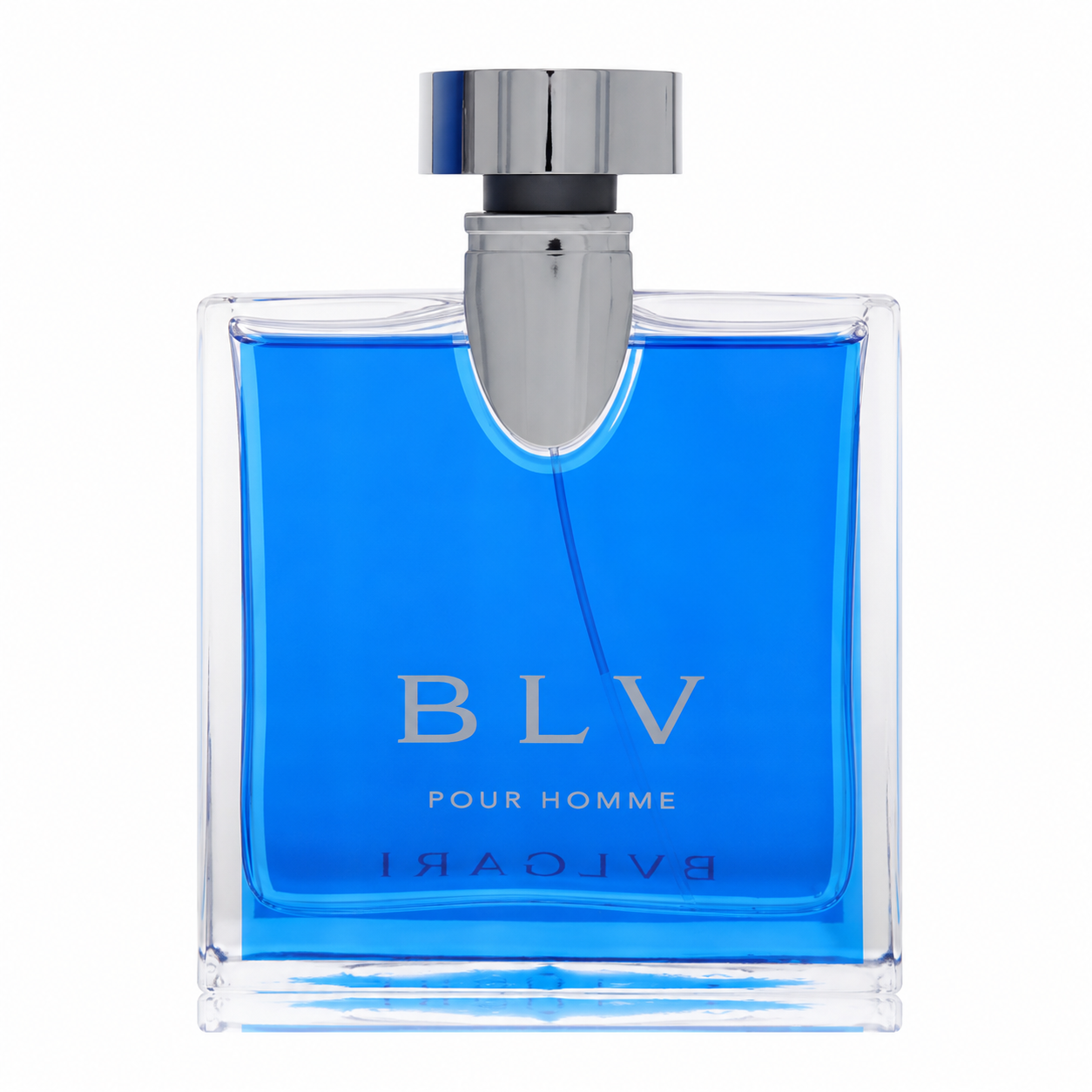 Bvlgari BLV Pour Homme fragrance bottle with a vibrant blue liquid inside a clear glass rectangular bottle, topped with a polished silver cap. 100ml