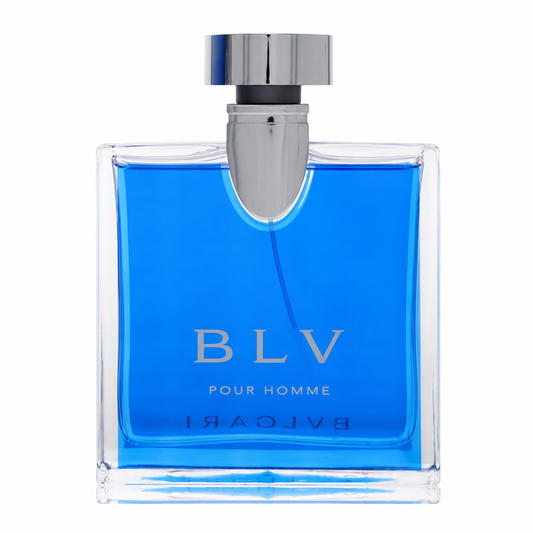 Bvlgari BLV Pour Homme fragrance bottle with a vibrant blue liquid inside a clear glass rectangular bottle, topped with a polished silver cap. 100ml