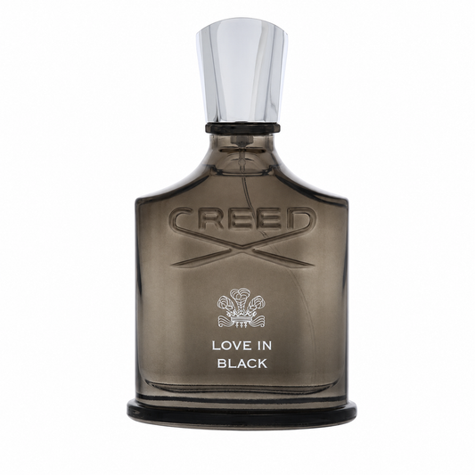 Creed Love In Black perfume bottle in a smoky translucent dark gray glass with a clear faceted cap, on a white background. 75ml