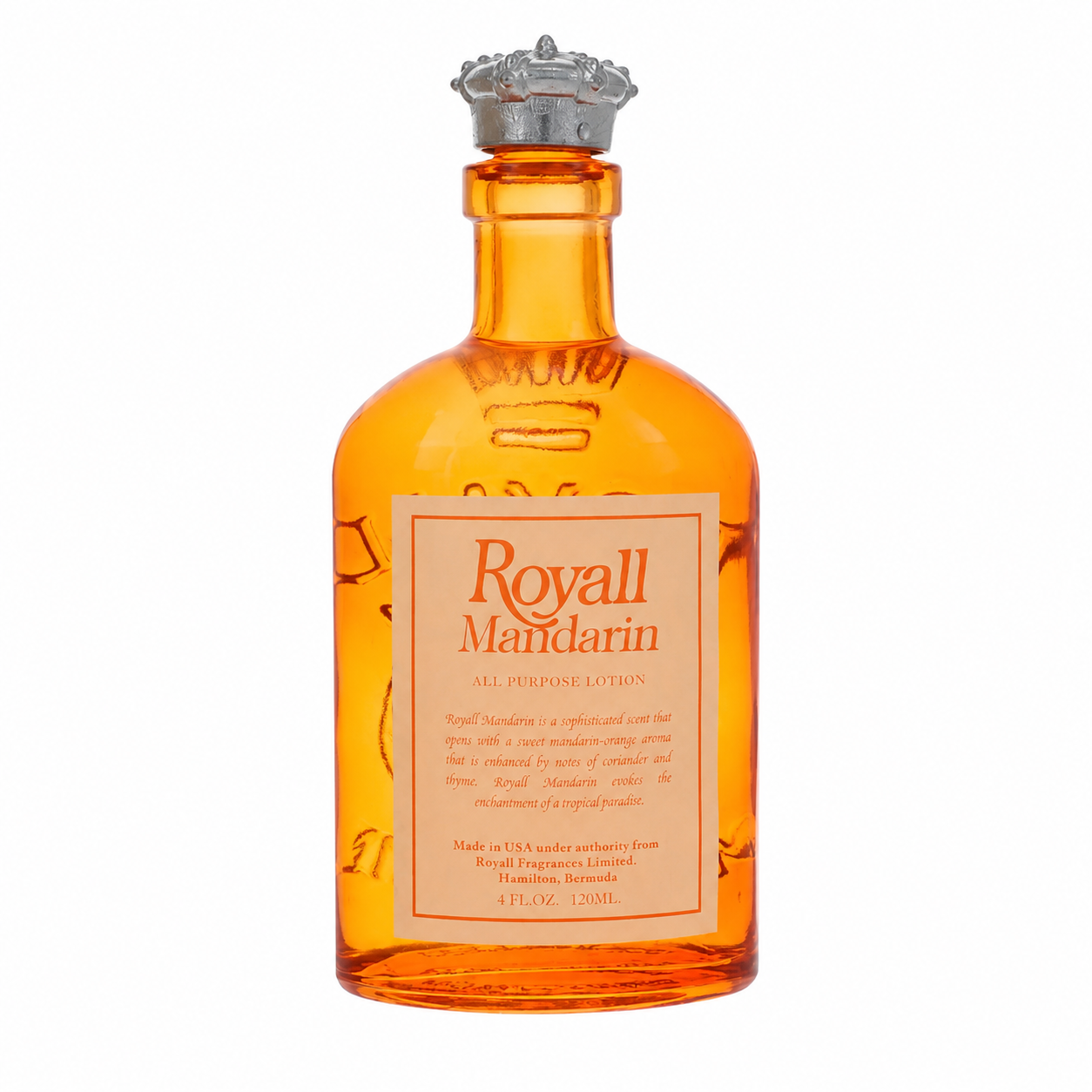 A bottle of Royall Mandarin Eau de Toilette, featuring an amber-colored glass bottle with a silver metal cap and a cream-colored label. 120ml