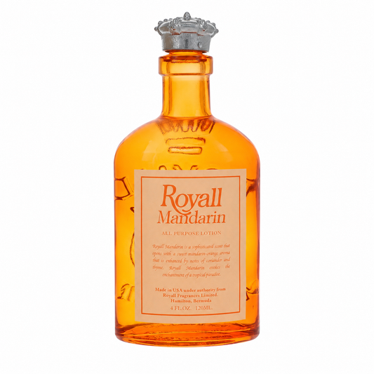 A bottle of Royall Mandarin Eau de Toilette, featuring an amber-colored glass bottle with a silver metal cap and a cream-colored label. 120ml