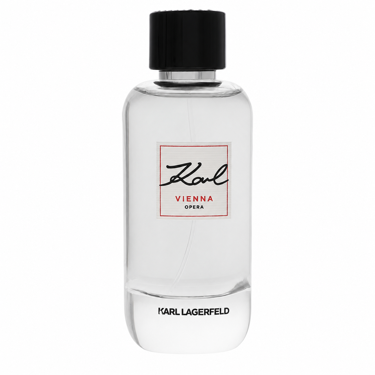 A clear glass bottle of Karl Lagerfeld Vienna Opera Eau de Toilette with a black cap and a minimalist white label with red borders. 100ml