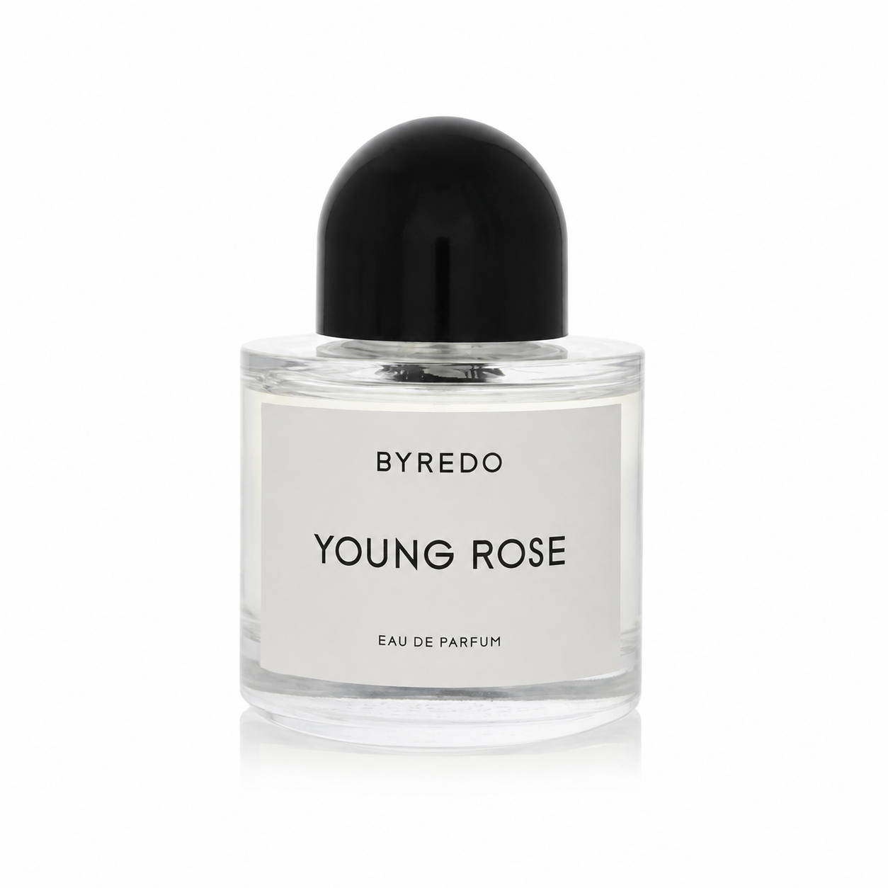 A bottle of Byredo Young Rose Eau de Parfum with a clear glass body, white label, and a glossy black dome-shaped cap, set against a plain white background.