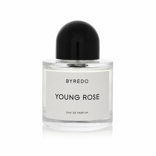 A bottle of Byredo Young Rose Eau de Parfum with a clear glass body, white label, and a glossy black dome-shaped cap, set against a plain white background.
