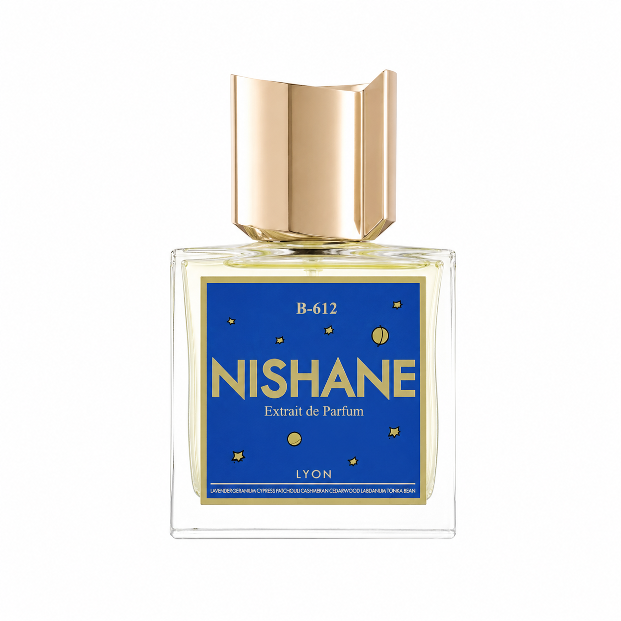 A bottle of Nishane Extrait de Parfum by Lyon, featuring a clear glass bottle with a metallic gold cap and a blue label decorated with gold stars. 50ml