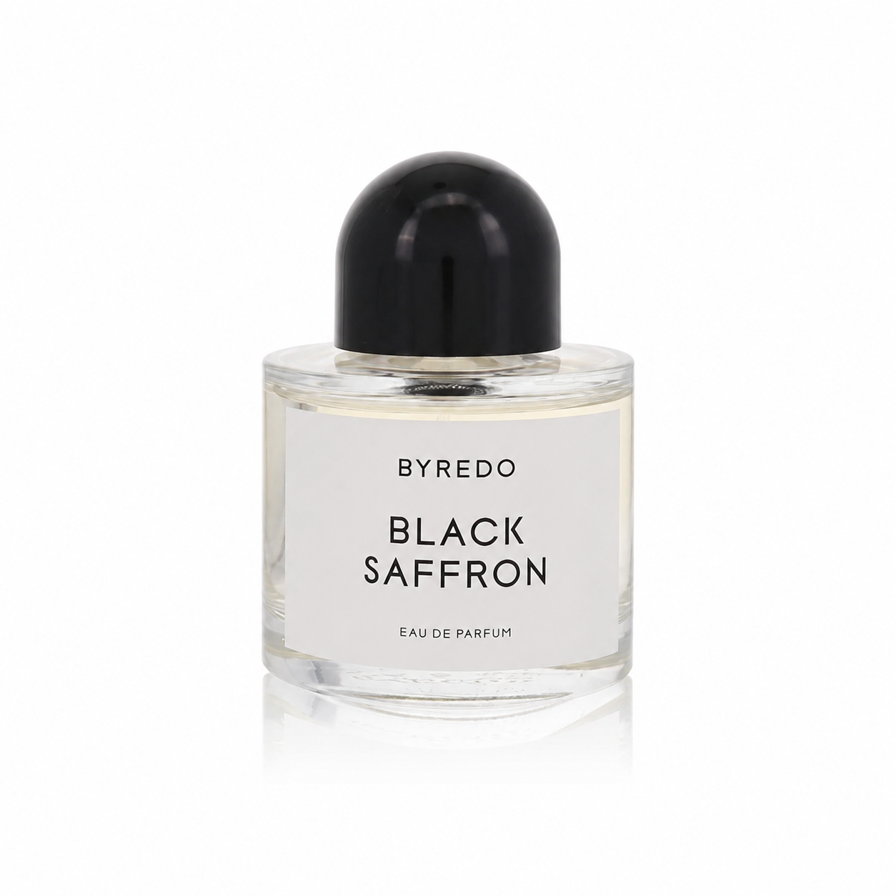 A bottle of Byredo Black Saffron Eau de Parfum with a clear glass body, white label, and a glossy black dome-shaped cap, set against a plain white background.