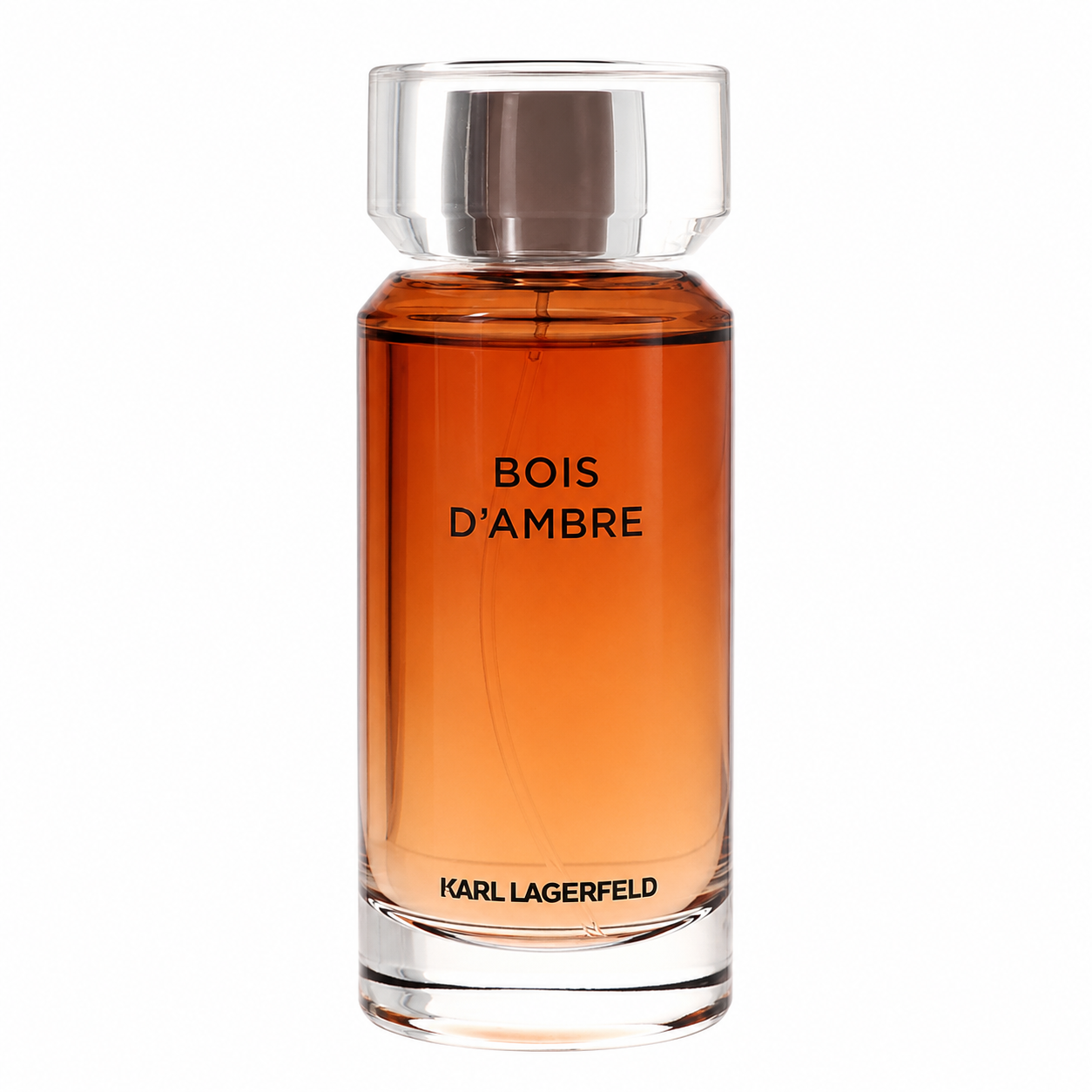 Karl Lagerfeld Bois D'Ambre Eau de Toilette bottle, featuring amber-colored liquid in a clear glass bottle with a metallic silver cap, on a white background. 100ml