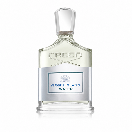 Creed Virgin Island Water perfume bottle, featuring a clear glass body with a silver metallic label and cap, set against a plain white background. 100ml