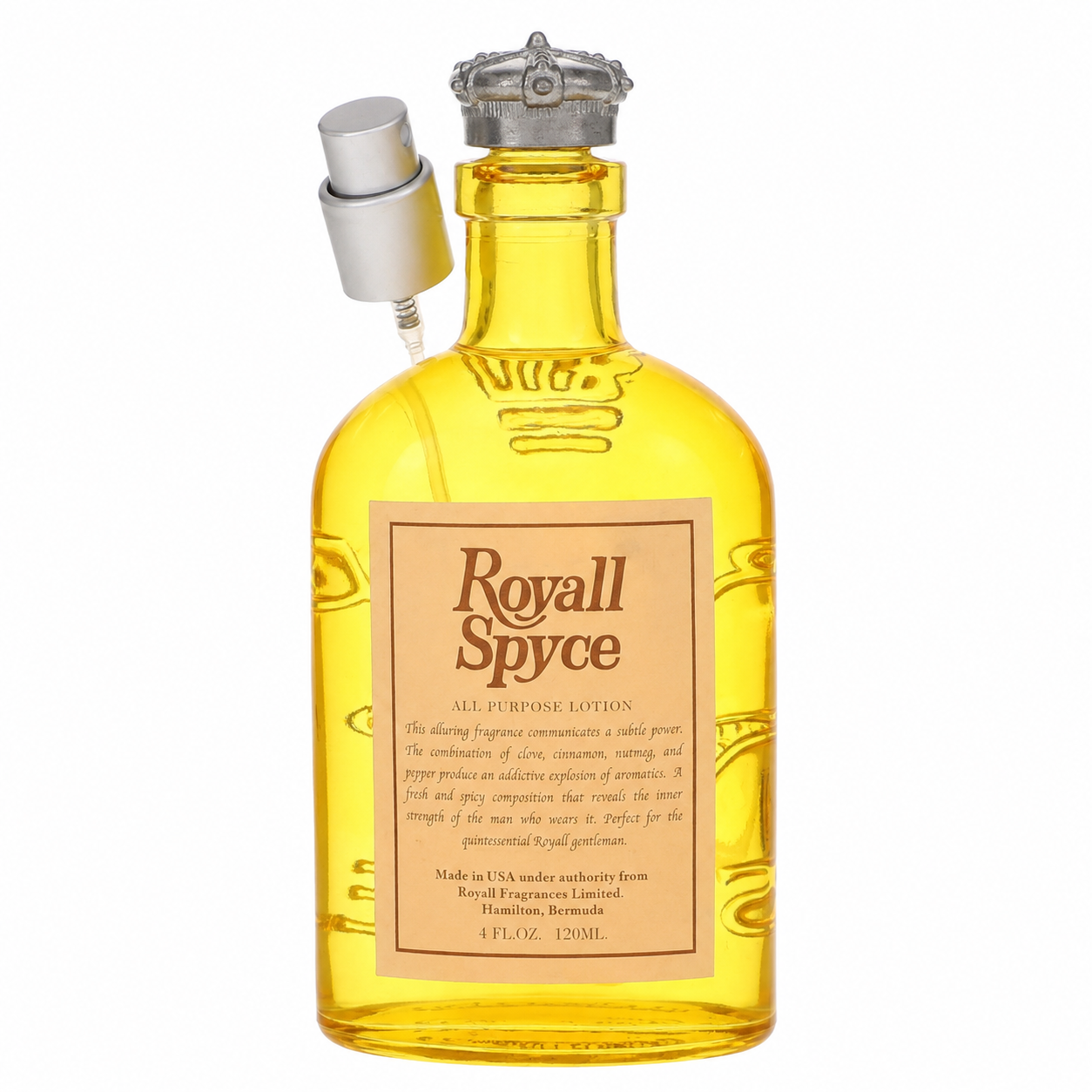 A 120 mL bottle of Royall Spice All Purpose Lotion in a translucent yellow glass container with a beige label and a silver pump dispenser attached to the side, shown against a plain white background.