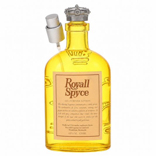 A 120 mL bottle of Royall Spice All Purpose Lotion in a translucent yellow glass container with a beige label and a silver pump dispenser attached to the side, shown against a plain white background.