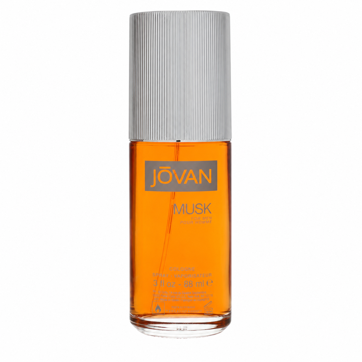 A bottle of Jóvan Musk Parfum with amber-colored liquid inside a clear glass bottle, featuring a ribbed silver cap and a gray label with gold lettering. 88ml
