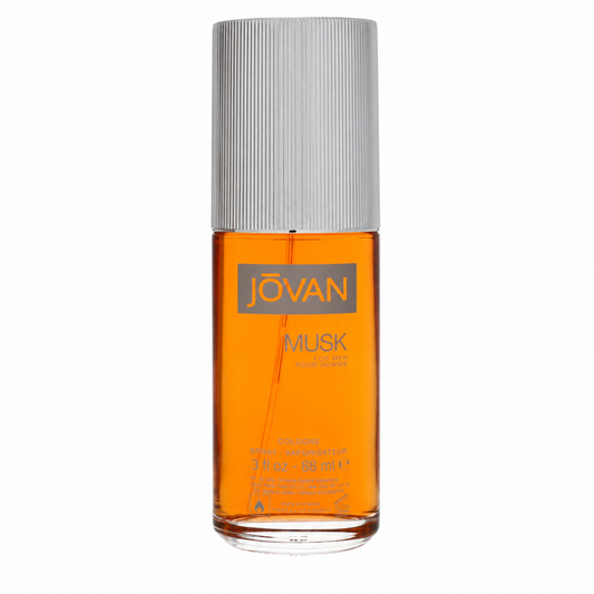 A bottle of Jóvan Musk Parfum with amber-colored liquid inside a clear glass bottle, featuring a ribbed silver cap and a gray label with gold lettering. 88ml