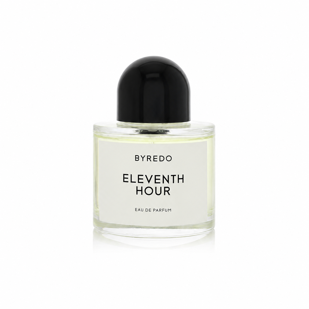 Byredo Eleventh Hour Eau de Parfum in a clear glass bottle with a white label and a black dome-shaped cap, centered on a white background.