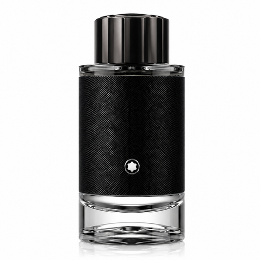 Montblanc Explorer – adventurous woody aromatic scent in black leather-wrapped bottle with silver cap. 100ml