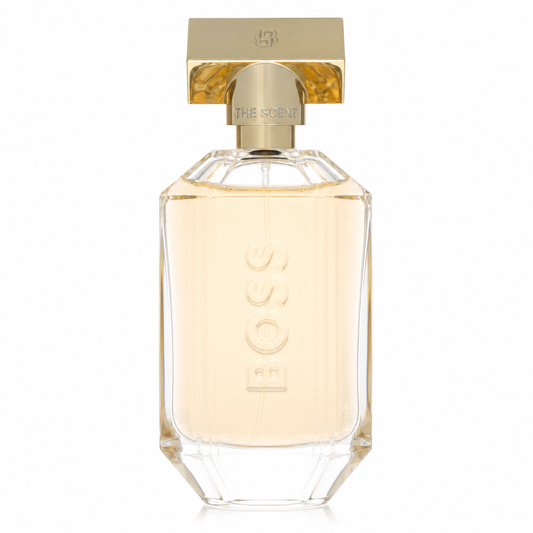 Hugo Boss The Scent for Her – elegant fruity floral fragrance in tall peach-hued bottle with gold cap. 100ml