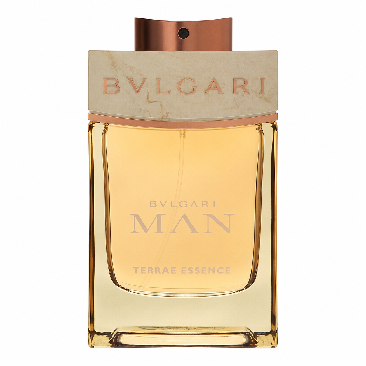 Bvlgari Man Terrae Essence perfume bottle with a rectangular amber glass body, a beige marble-look cap, and a metallic copper-toned spray nozzle, shown on a plain white background. 100ml