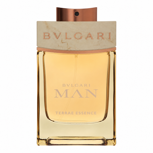 Bvlgari Man Terrae Essence perfume bottle with a rectangular amber glass body, a beige marble-look cap, and a metallic copper-toned spray nozzle, shown on a plain white background. 100ml