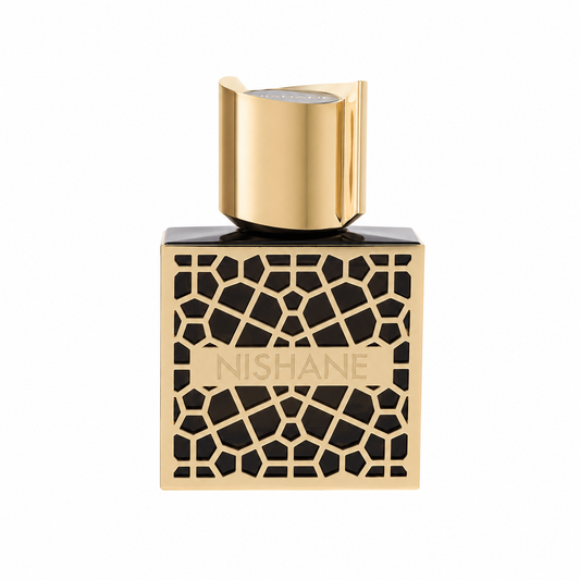 A luxury perfume bottle with a black body featuring an intricate gold geometric lattice pattern, topped with a shiny gold cylindrical cap. The brand name 'NISHANE' is embossed on the front of the bottle. 50ml